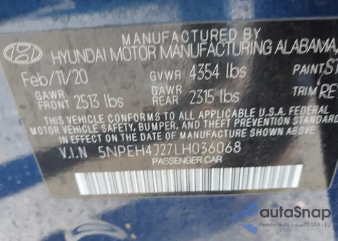 2020 Hyundai Sonata Limited z USA, uszkodzony, nr VIN 5NPEH4J27LH036068